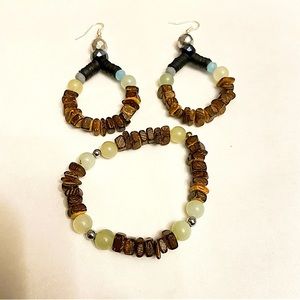Women’s Artisan Earrings and Bracelet Set in Green and Brown Design.